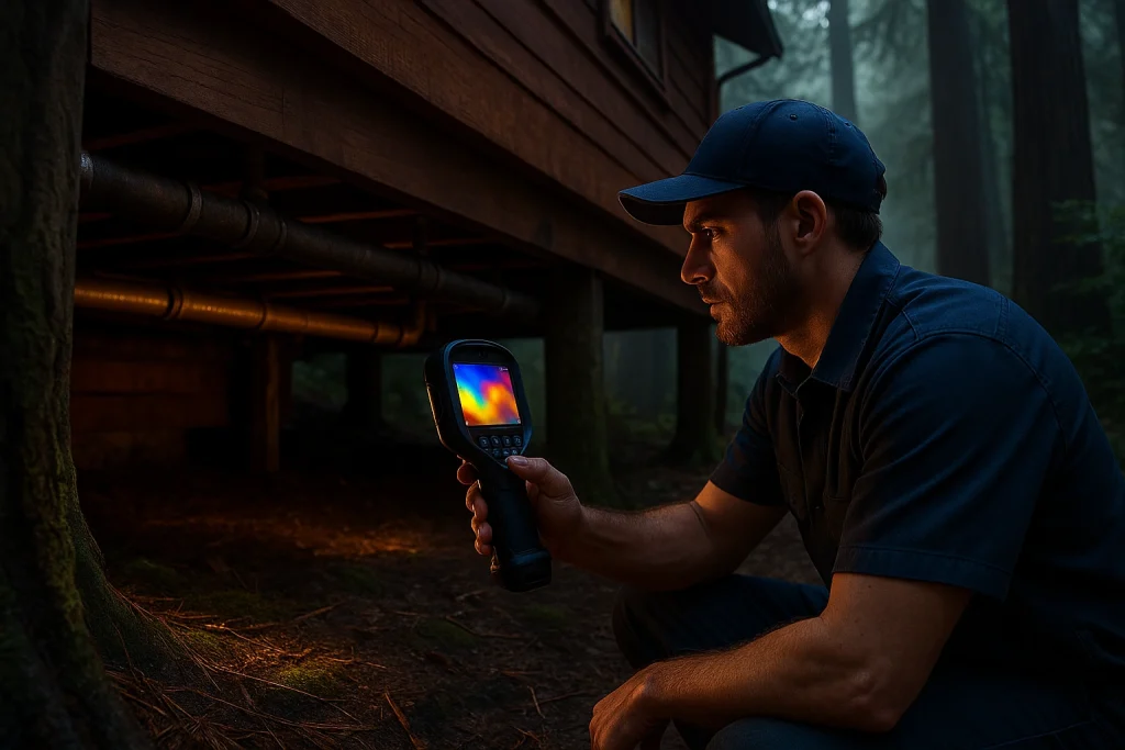 Plumber using thermal imaging equipment for leak detection under a raised cabin