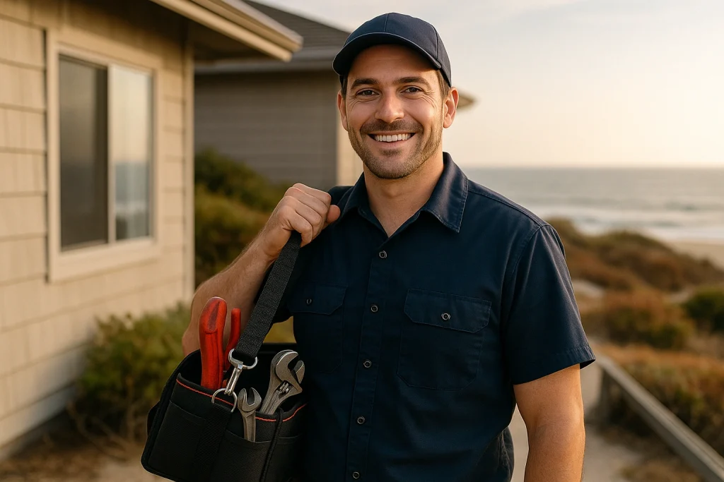 Professional plumber smiling while standing outside a home.