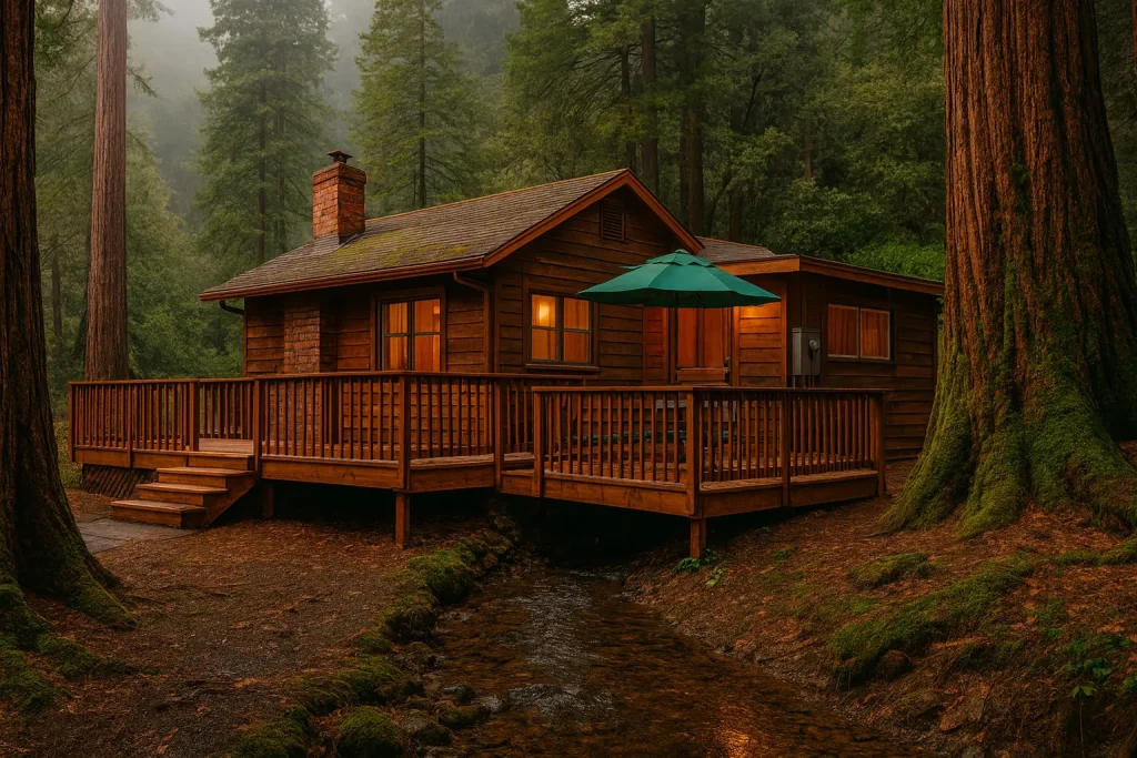 A rustic early-1900s Brookdale cabin nestled beneath towering redwoods along a shaded creek, with mossy ground, filtered golden light, and visible plumbing access panels near the foundation