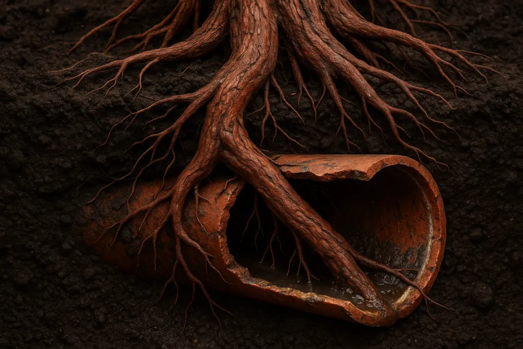 A close-up underground cutaway-style view showing massive redwood roots pushing into an aging clay sewer pipe