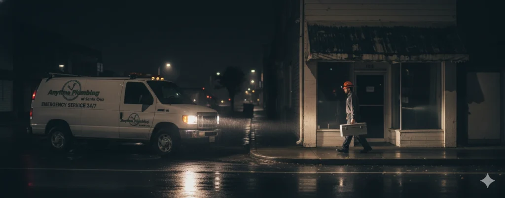 Anytime Plumbing van on a rainy night providing 24 hour emergency plumbing service.