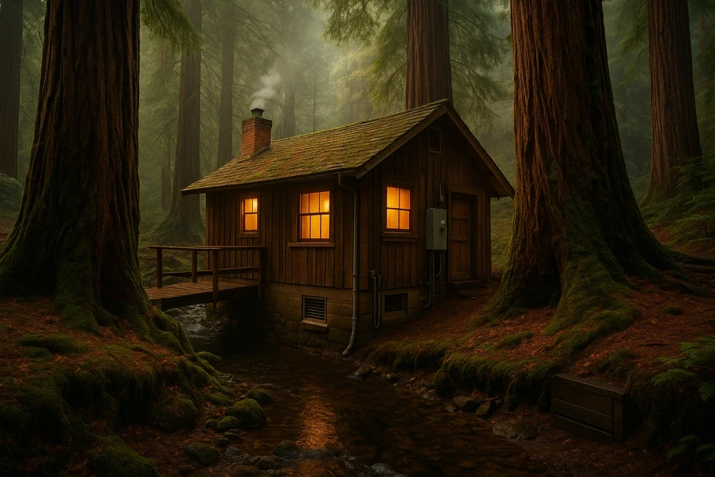 A rustic early-1900s Brookdale cabin nestled beneath towering redwoods along a shaded creek