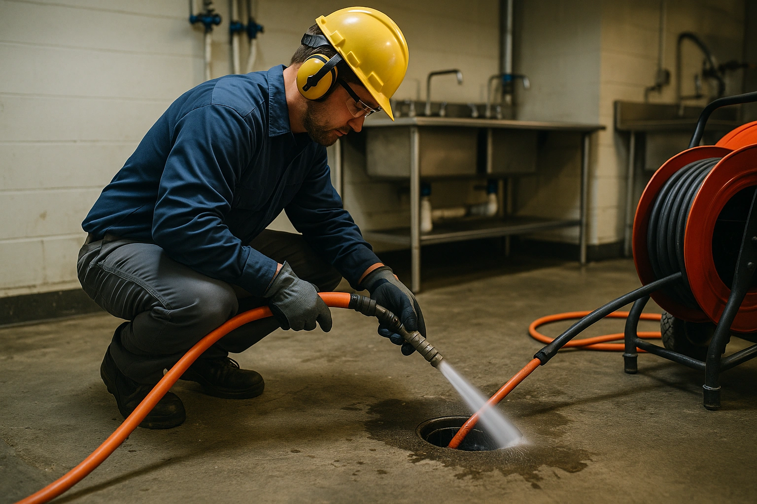 commercial plumber hydrojetting a clogged restaurant