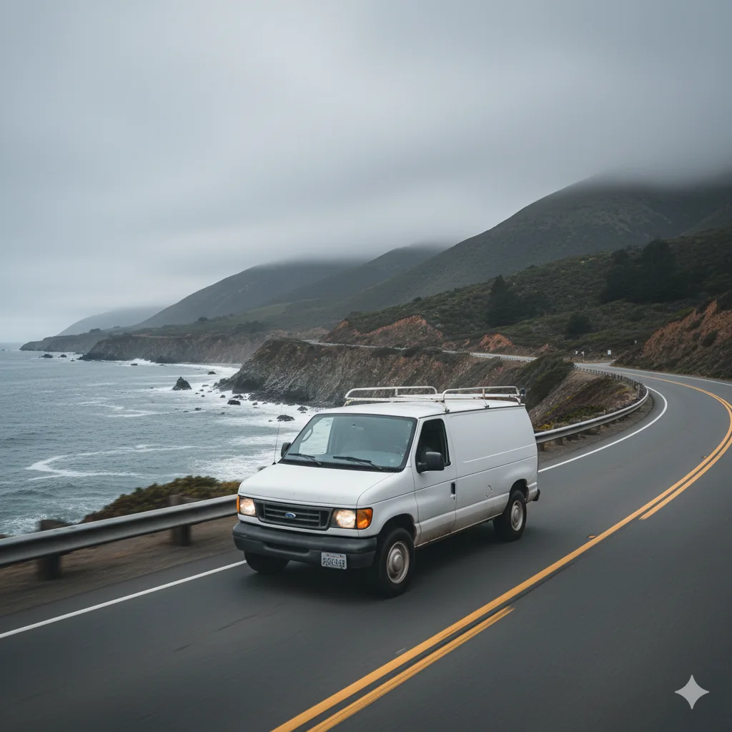 A plumber’s van driving north on Highway 1 approaching the Davenport cliffs
