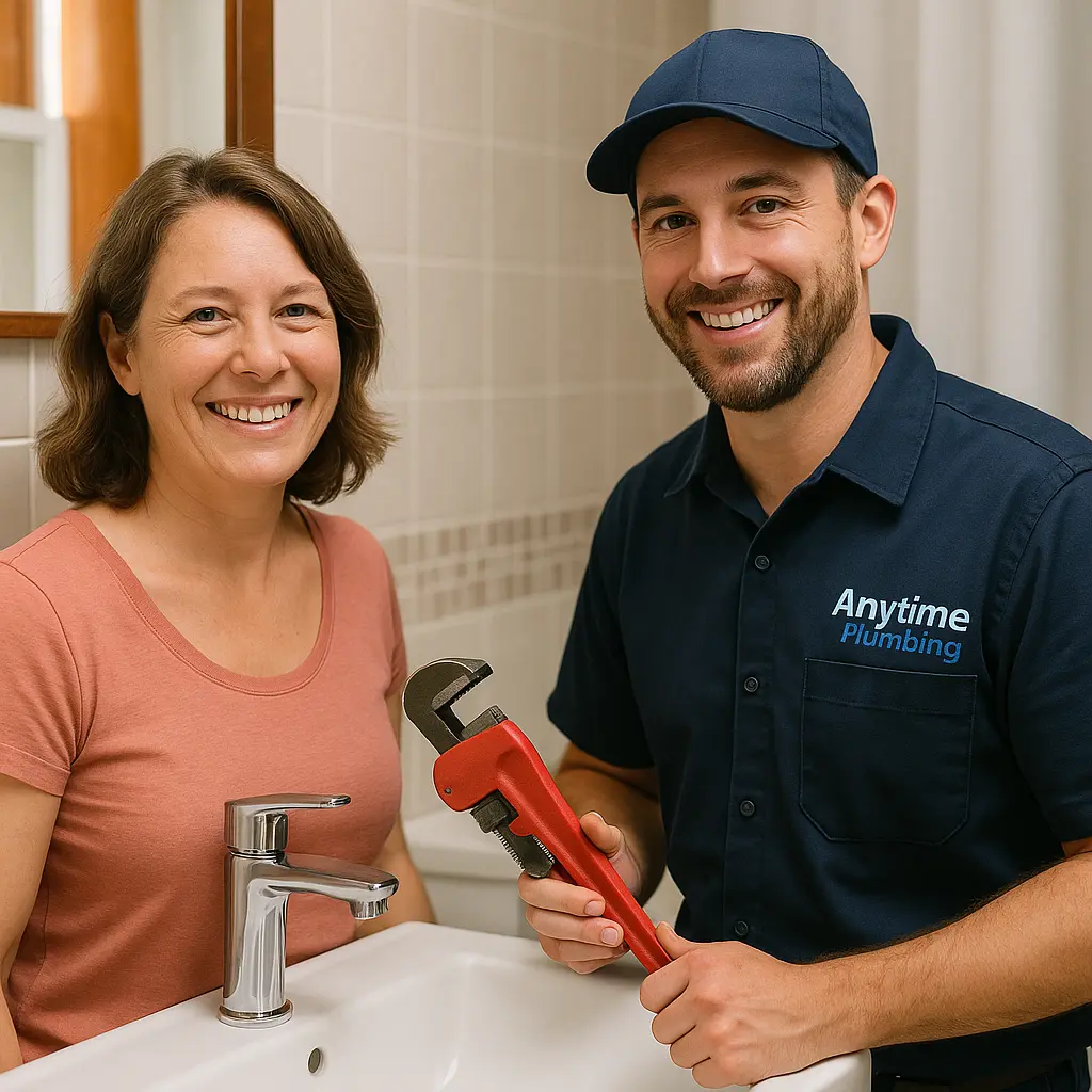 A smiling homeowner standing next to a plumber