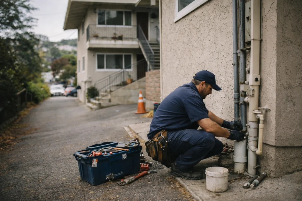 plumbers working in leaking pipes