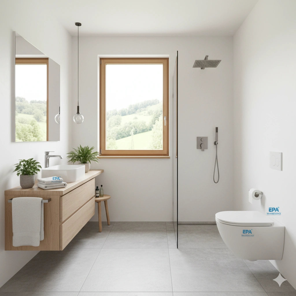 Modern bathroom with water-efficient plumbing fixtures.