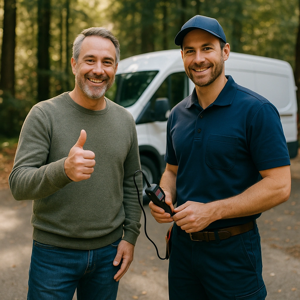 Plumber smiling with a homeowner giving a thumbs-up during an outdoor service visit