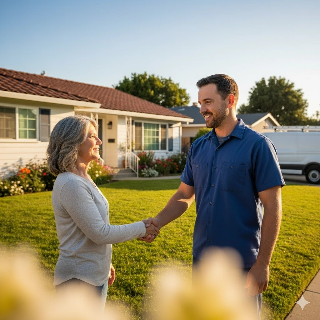 Plumber shaking hands with a homeowner during a residential plumbing service call.