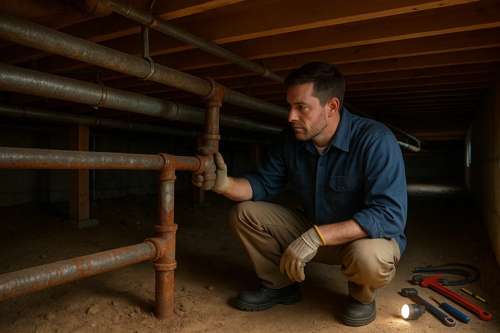Plumber inspecting old rusted pipes in a crawlspace for plumbing repair.