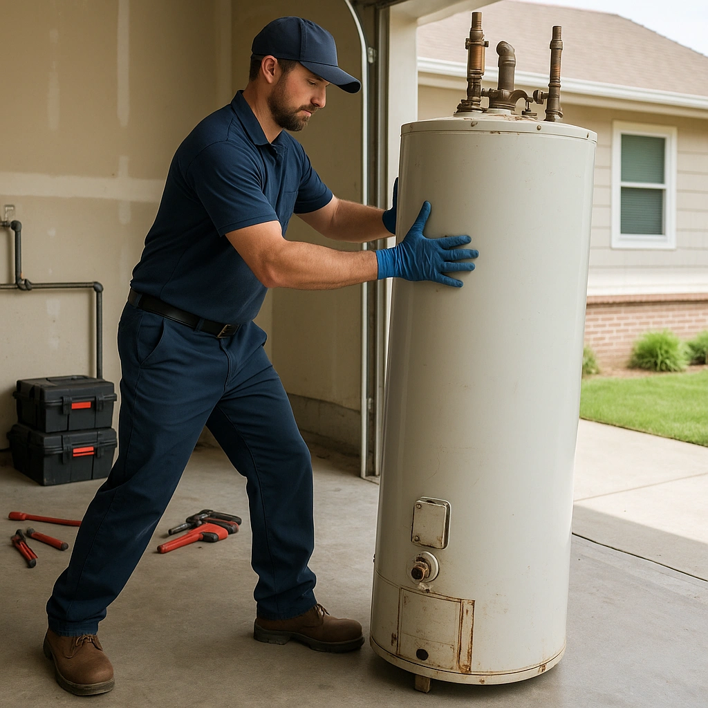Plumber moving an old water heater during plumbing replacement service.
