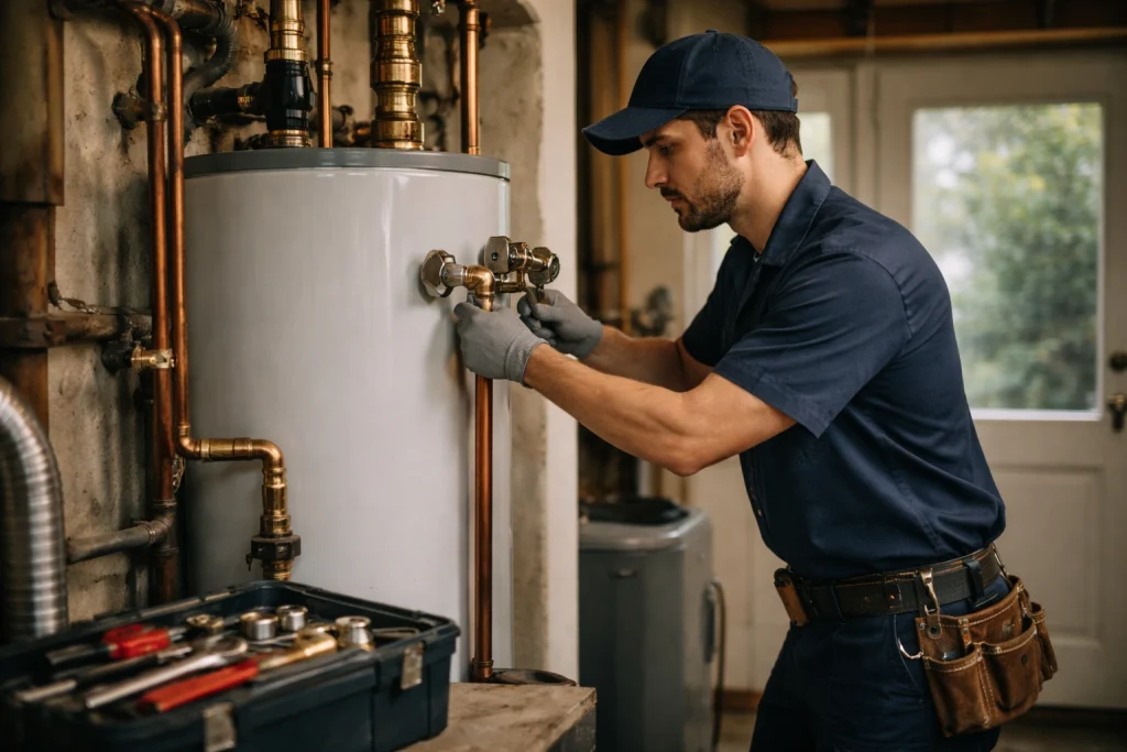 plumbers fixing water heater