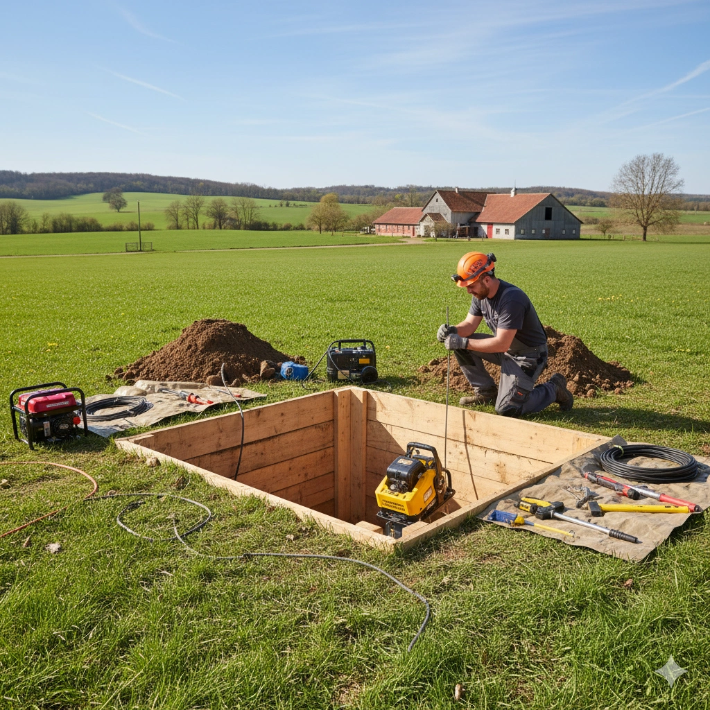 Technician performing plumbing and septic excavation work in an open field.