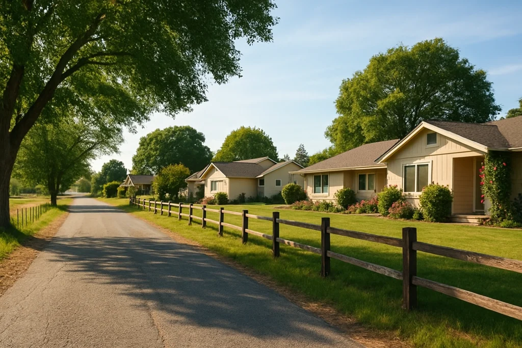 Quiet rural neighborhood with single-story homes and open yards, ideal for local plumbing service needs.