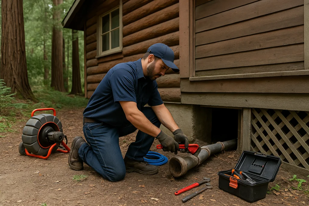 A plumber in uniform working near a cabin crawlspace
