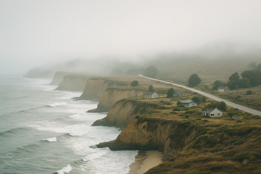 Coastal cliffs and scattered homes in Davenport, California with Highway 1 visible through morning fog and waves crashing below.