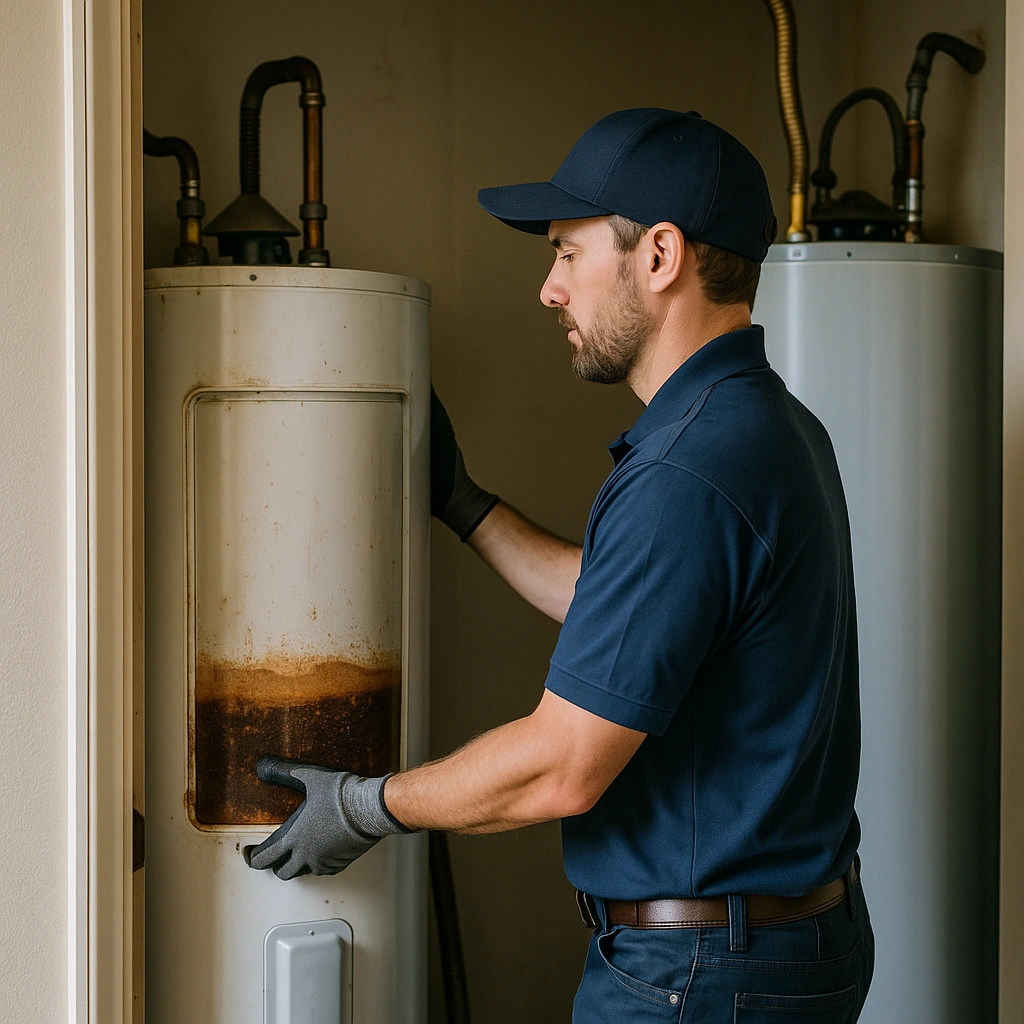 Plumber inspecting a rusty water heater during a home plumbing repair.