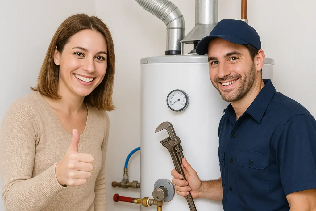 A happy customer giving a thumbs-up while a plumber in uniform inspects a tall residential water heater.