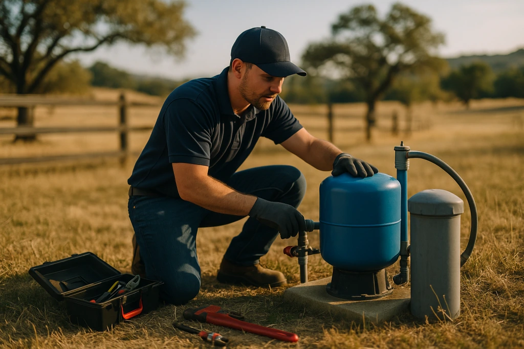 plumber crouched beside a well pump system