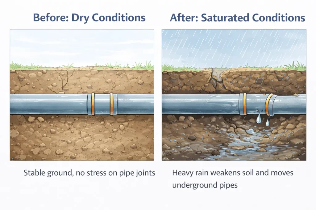 Saturated soil and underground pipe movement