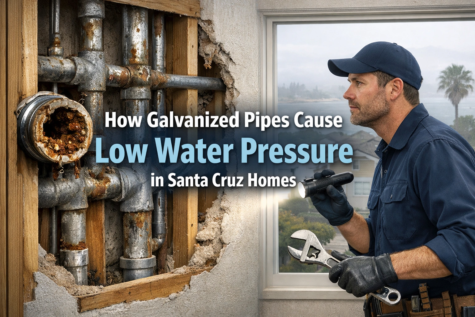 Galvanized pipes causing low water pressure in older Santa Cruz homes due to rust and mineral buildup inside aging plumbing systems.