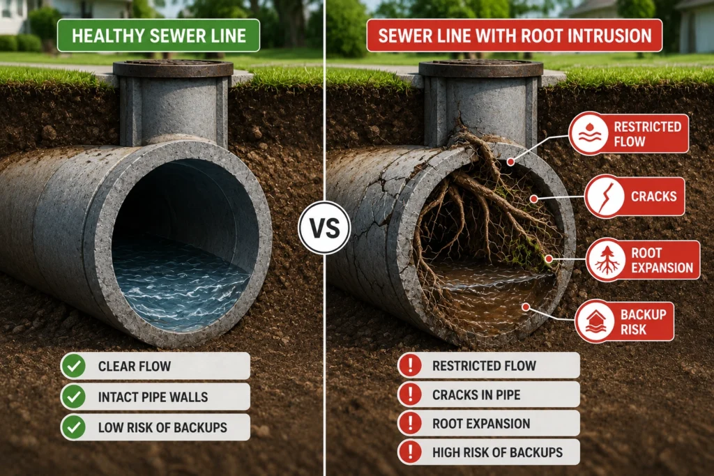 healthy sewer line and blocked sewer line