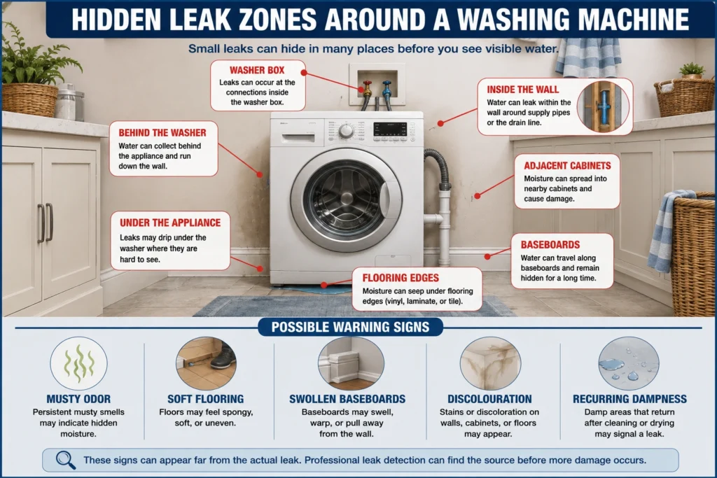 hidden leak zones around a washing machine