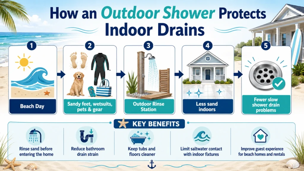 how outdoor shower protects indoor drain