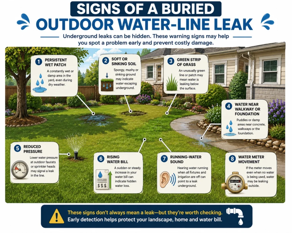 sings of a buried outdoor water line leak