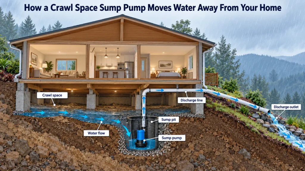 Rainy Hillside Sump Pump Cross-Section